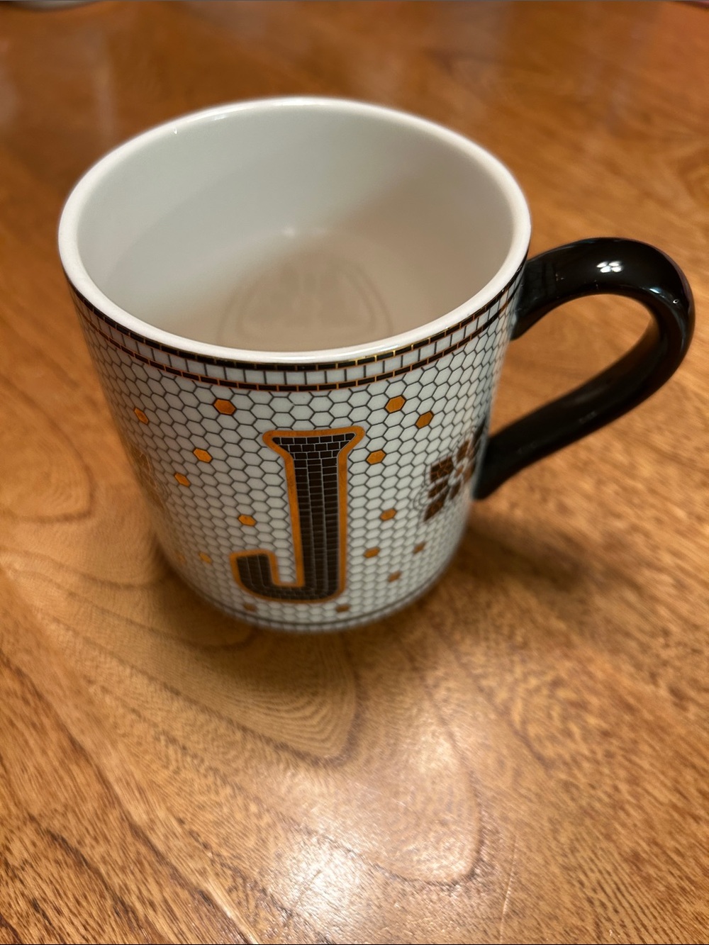 Anthropologie White Ceramic Mug with Black Handle & Gold Accents - Letter J